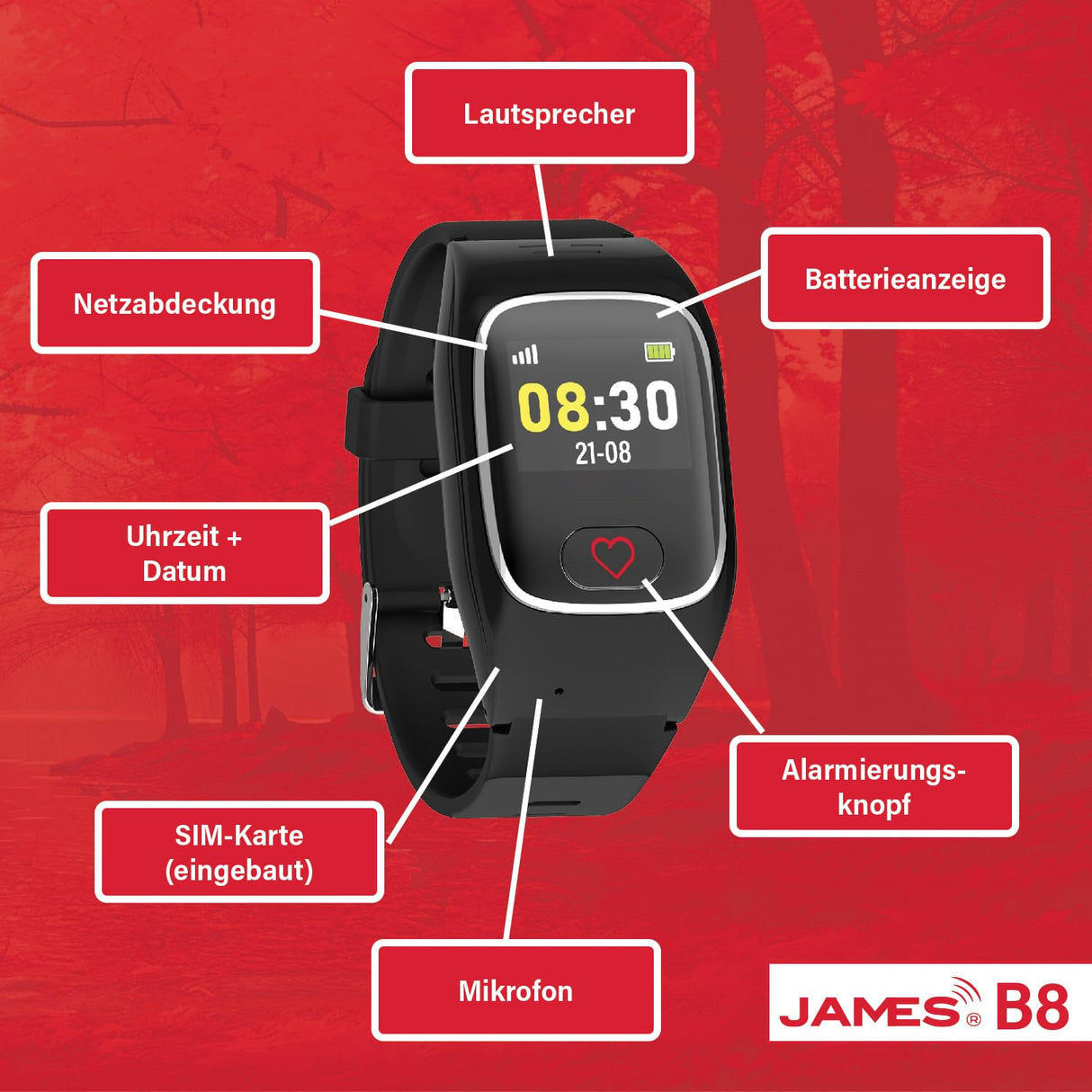 James B8 - Reloj de llamada de emergencia y seguridad para ancianos, detección de caídas, botón de llamada de emergencia y localización GPS, funciones de salud, por ejemplo, pulso, aplicación familiar