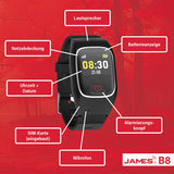 James B8 - Reloj de llamada de emergencia y seguridad para ancianos, detección de caídas, botón de llamada de emergencia y localización GPS, funciones de salud, por ejemplo, pulso, aplicación familiar