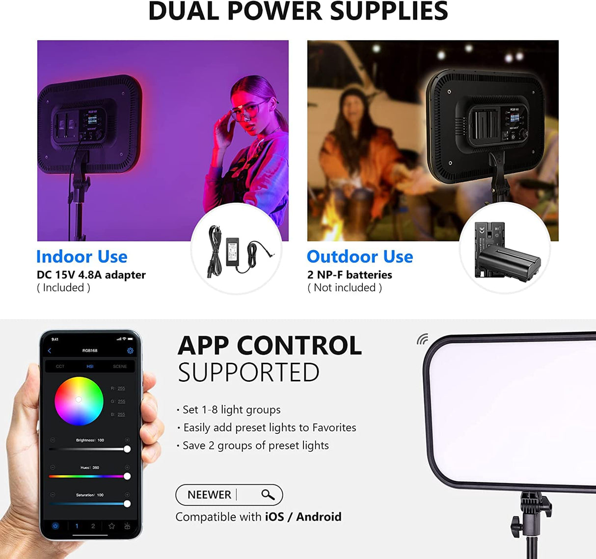 NEEWER RGB168 18,3" Luz de Video RGB con Soportes 2Pack, con Control de App 360° Todo Color 60W Regulable 2500K-8500K CRI97+ 17 Efectos Panel LED Iluminación para Estudio/Juegos/Youtube/Fotografía