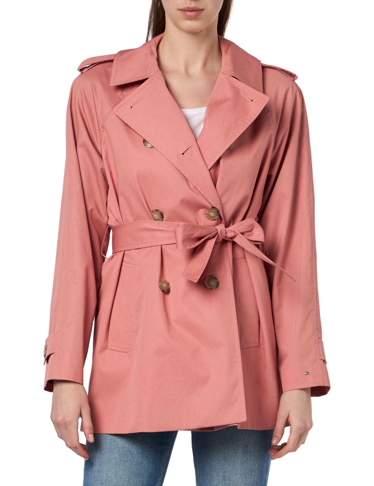 Tommy Hilfiger Abrigo Mujer Cotton Short Trench Gabardina, Rosa (Teaberry Blossom), 38