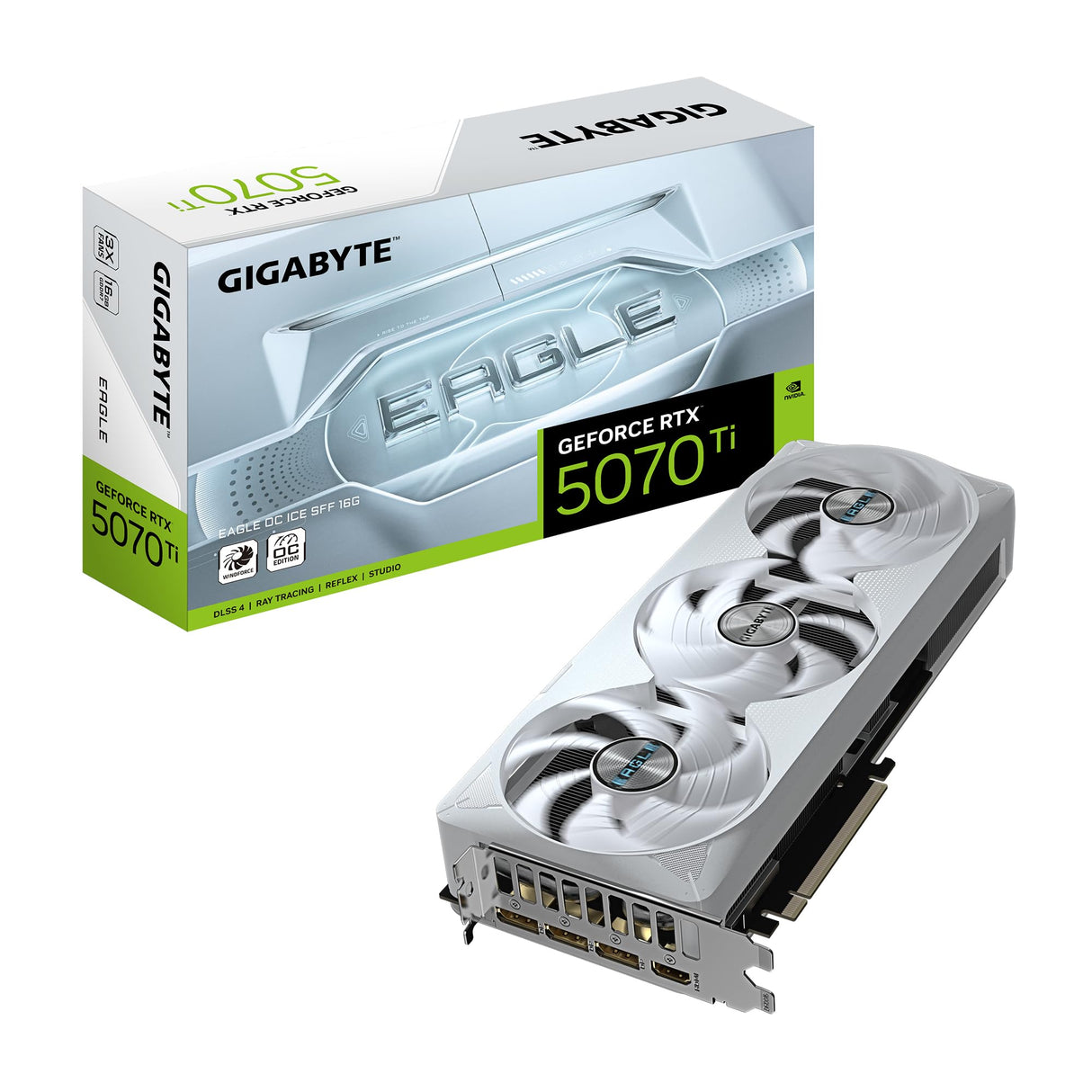 Gigabyte GeForce RTX 5070 Ti Eagle OC Ice SFF 16G Tarjeta Gráfica - 16GB GDDR7, 256 bits, PCI-E 5.0, 2542 MHz Core Clock, 3 x DP 2.1a, 1 x HDMI 2.1b, NVIDIA DLSS 4, GV-N507TEAGLEOC ICE-16GD
