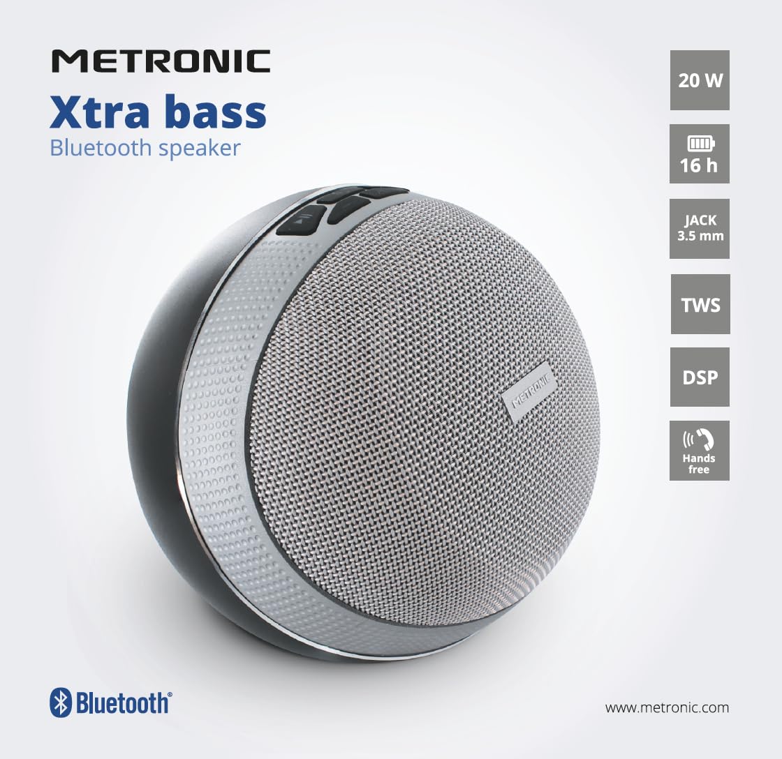 Metronic 477038 - Altavoz portátil Bluetooth, inalámbrico TWS (True Wireless), 20W, 16h autonomía, función Manos Libres, Bass Reflex, DSP, Jack 3,5mm, Gris