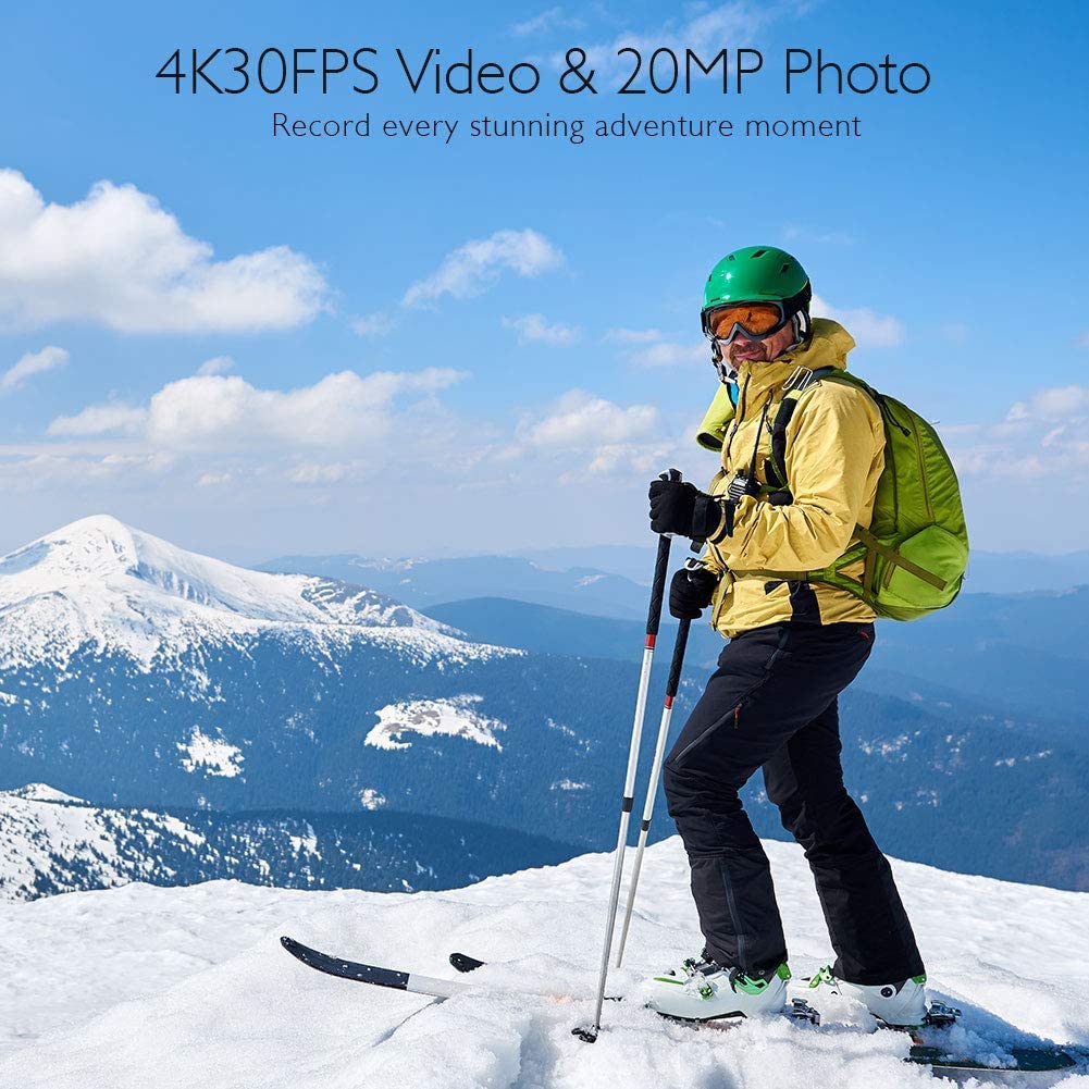 AKASO Brave 6 Plus Cámara Deportiva 4K30FPS WiFi 20MP - Cámara de Accion Pantalla Táctil, Estabilización Electrónica, Cámara Acuatica Sumergible 40M, Control por Voz, 2 Baterías y Kit de Accesorios