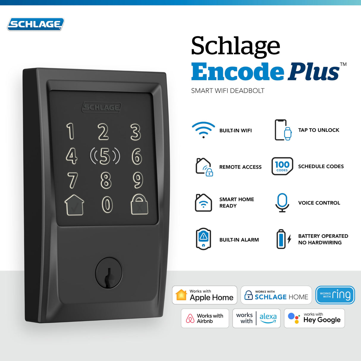 SCHLAGE BE499WB CEN 622 Encode Plus - Cerradura inteligente con WiFi, color negro mate