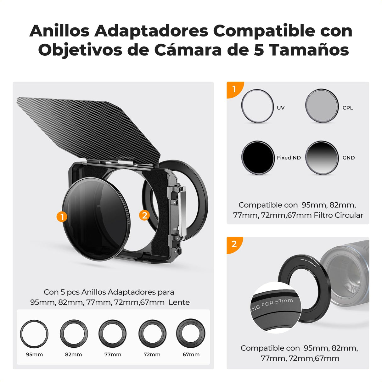 K&F CONCEPT Mini Matte Box con ND4 ND32 Cine Filtro 4" x 5,65", con 2 Bandejas de Filtro de 4" x 5,65" para Cámaras DSLR Mirrorless con 5 Adaptadores de Anillo Circular (67/72/77/82/95mm)