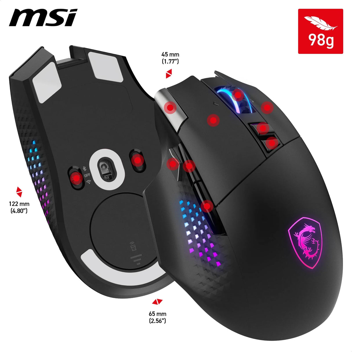 MSI Versa Pro Wireless + Mouse Dock Pro - Ratón Gaming, Sensor óptico de 26.000 PPP, frecuencia de sondeo de 1.000 Hz, diseño para diestros, batería de 80 Horas, con Cable e inalámbrico