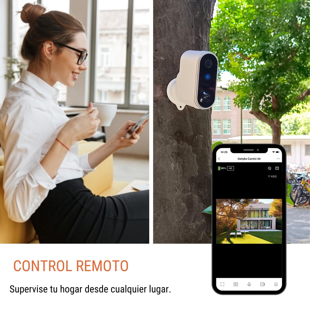 Konyks Camini Air 2 Solar - Cámara de vigilancia al Aire Libre inalámbrica WiFi con Panel Solar, notificaciones detección de Movimiento, visión Nocturna en Color, función de iluminación y Sirena