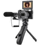 AGFA Photo - Kit de Vlogging Todo en Uno: Cámara VLG-4K Optical, Trípode Powerbank, Mando a Distancia, Micrófono y Tarjeta MicroSD de 32GB incluidos - ¡Captura Tus Momentos en 4K con Estilo! - Negro