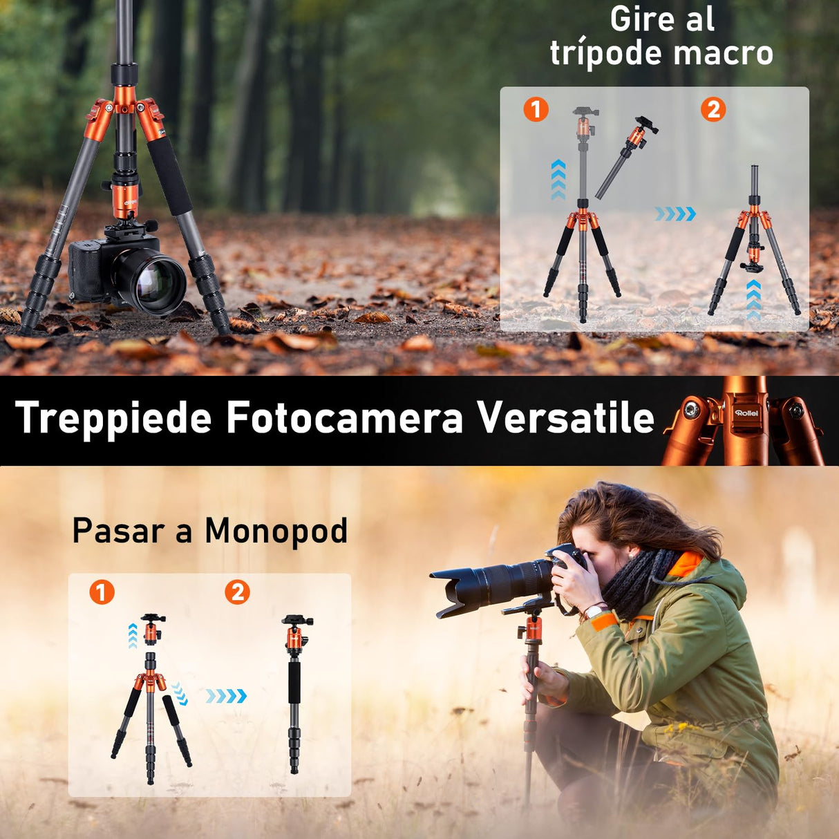 Rollei Tripode Camara Naranja, 145cm Compact Traveler No.1 Carbon Trípode de Viaje Ligero y Portátil con Soporte para Teléfono y Rótula de Bola para Nikon Sony Canon, Trípode-Cámara-Viaje-Tripod