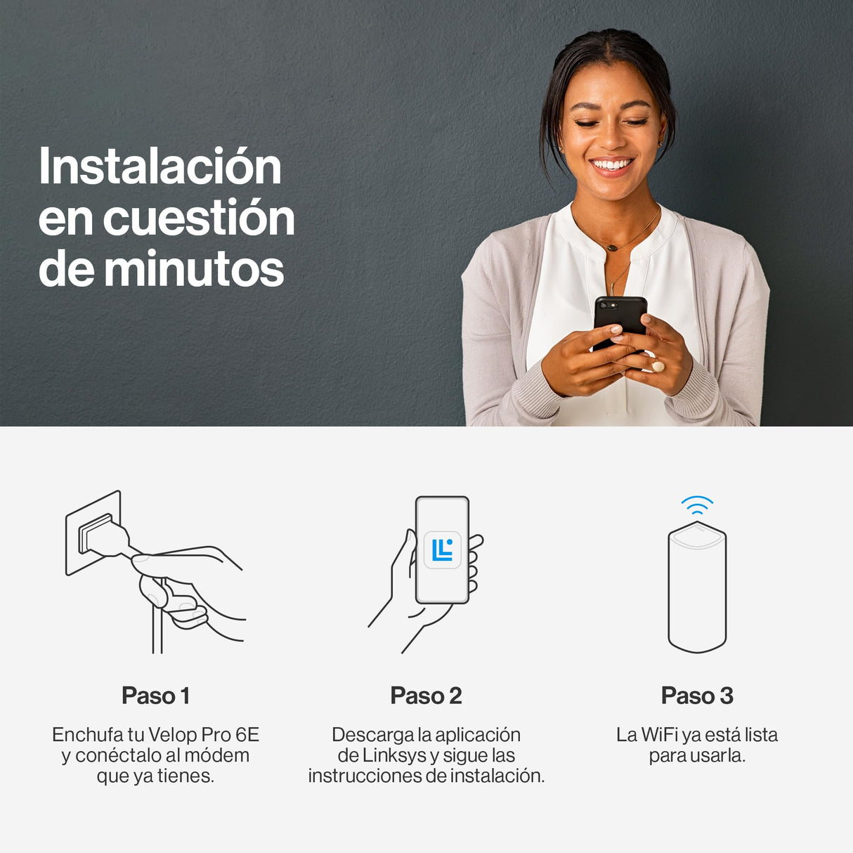Linksys Velop Pro WiFi 6E Mesh System MX6201-KE Router Cognitive Mesh con Banda de 6 GHz y 5.4 GB/s, Cobertura para Casas de hasta 275 m² y 200 Dispositivos, Paquete de 1 Unidad