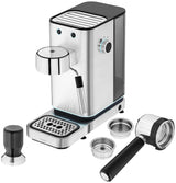 WMF Lumero - Cafetera expreso con 3 portafiltro, 1400 vatios, para 1-2 tazas de expreso, 15 bares, reposavasos, espumador de leche, prensador de café, luz led, acero inoxidable mate