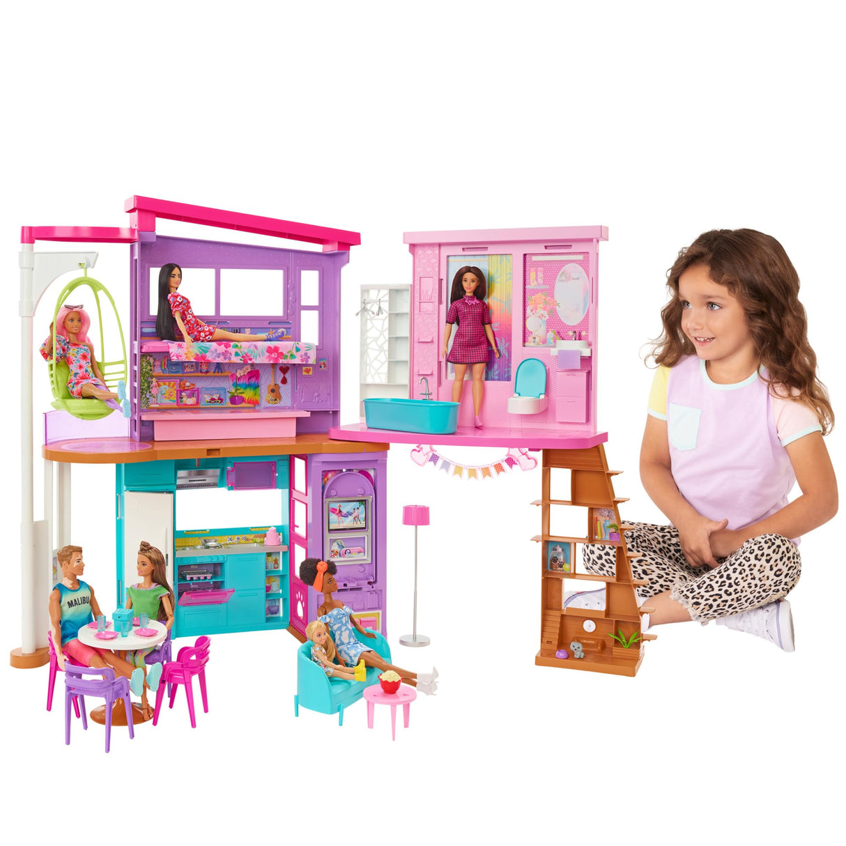 Barbie Casa Malibú Casa de muñecas plegable 2 pisos con 6 habitaciones y muebles, incluye 30 accesorios, juguete de regalo +3 años (Mattel HCD50)