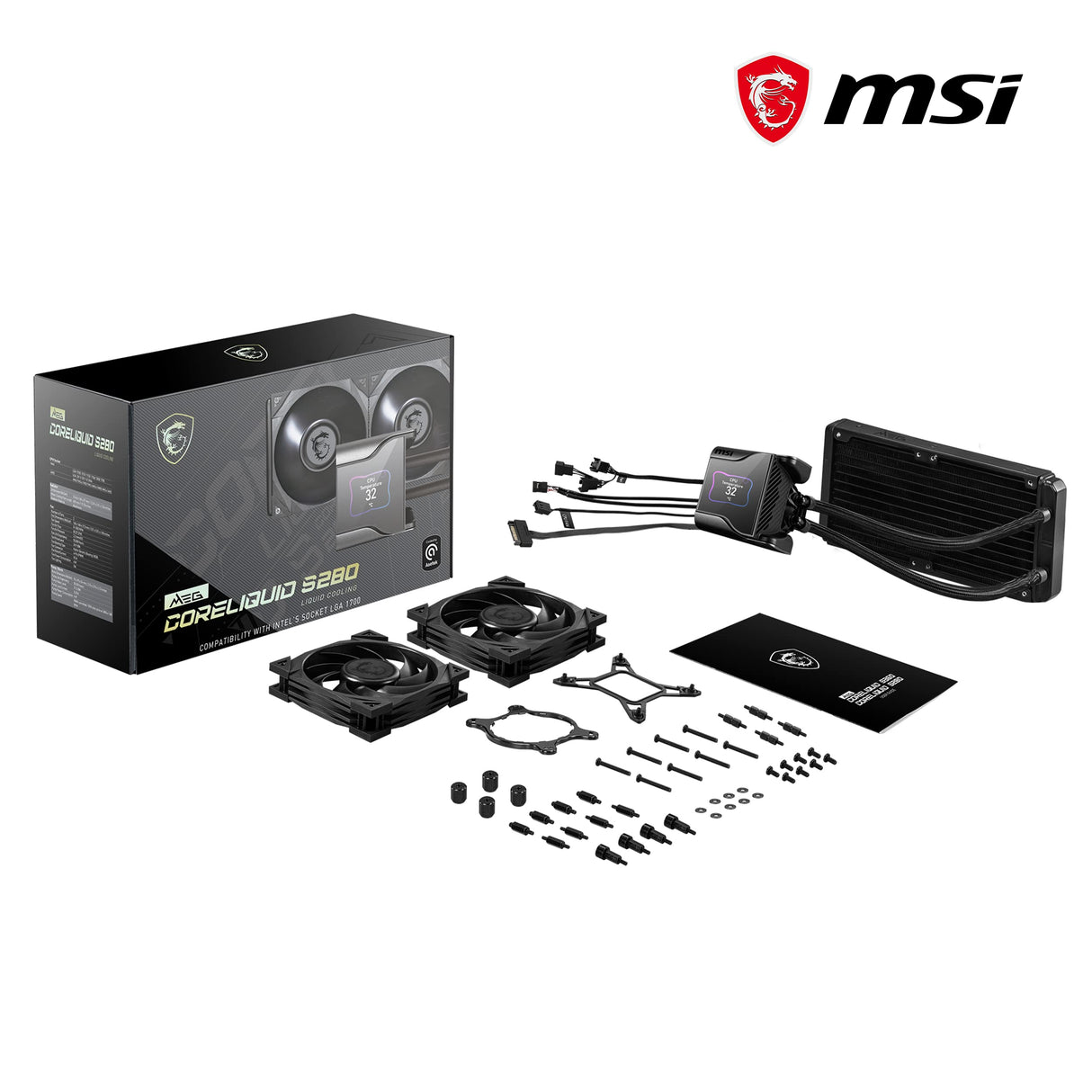 MSI MEG CORELIQUID S280 Refrigeración Líquida AIO CPU - Pantalla IPS 2,4", Bomba Asetek 7ma Gen, Fan VRM, 2 Fans Silent Gale P14, Tubos Anti-Evaporación, MSI Center Personalizable - Admite AMD e Intel