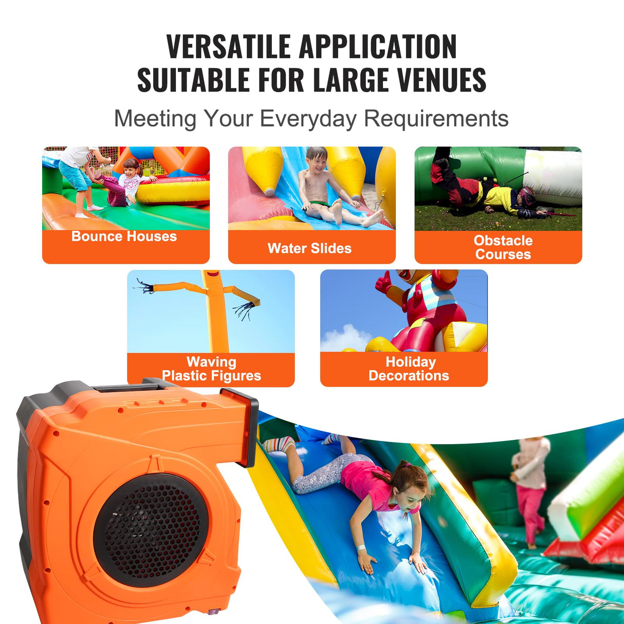 VEVOR Soplador Inflable 1100 W, 1,5 y 1,7 HP, Soplador de Aire Comercial para Inflables, Ventilador Eléctrico de Castillo Hinchable de 3100 RPM Casa de Rebote, Toboganes Acuáticos 387 x 275 x 423 mm