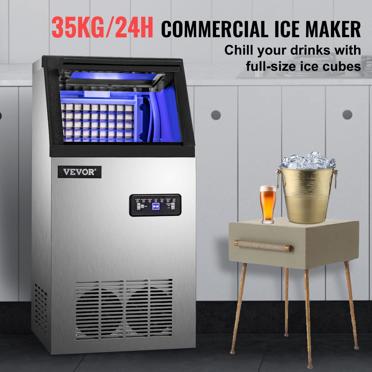 SucceBuy Máquina para Hacer Hielo de Acero Inoxidable de Calidad Alimentaria, Trituradora de Máquina de Hielo Comercial, 280W, 68kg/24 horas, Panel de Control LCD Inteligente