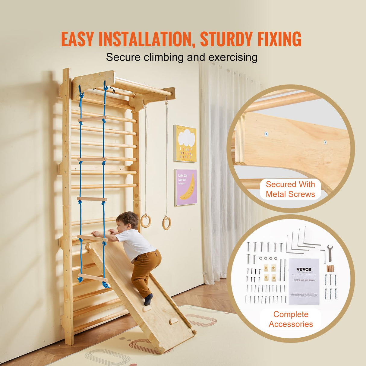 VEVOR 5 en 1 Juguetes de Escalada de Madera, Carga de 99,8 kg, Escalera Sueca de Pared con Barra de Dominadas, Anillos de Gimnasio, Escalera de Cuerda, Escalera de Pared, Tablero Deslizante