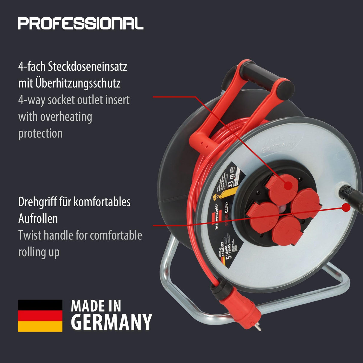 Brennenstuhl Professional SteelCore Carrete SC 3210 IP44, 33m H07BQ-F 3G2,5, cuerpo de carrete de chapa de acero, uso en obras y uso permanente en exteriores, fabricado en Alemania