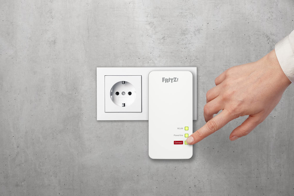 Fritz!Powerline 1260 WLAN Set International - Adaptador/Extensor de Red por línea eléctrica, PLC, IEEE P1901, 1200 Mbps, Base WiFi AC integrada, Mesh, 1 Puerto Gigabit, Interfaz en Español