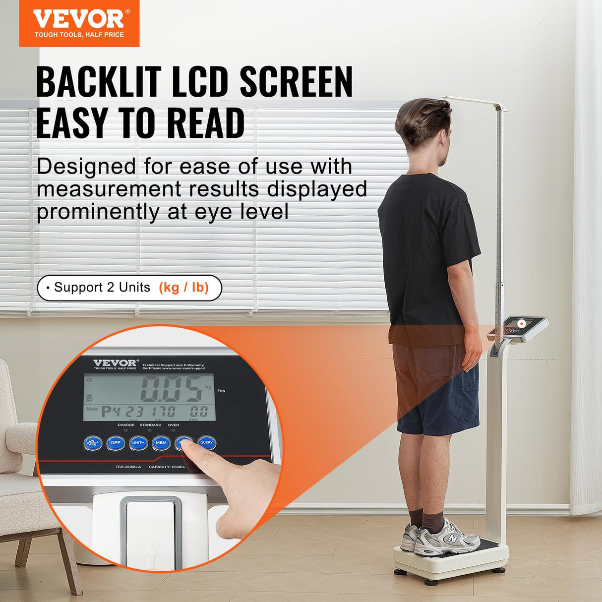 VEVOR Báscula Médica Digital Capacidad de 300 kg Báscula Corporal Médica Profesional y Multifuncional para Peso y Altura con 2 Unidades (kg/lb) IMC para Gimnasio, Hogar, Hospital