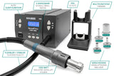QUICK 861DW - Estación de soldadura profesional de aire caliente (1000 W/rango de temperatura de 100 – 500 °C, aire caliente 120 L/min, estación de trabajo SMD, función de calibración, modo de espera,