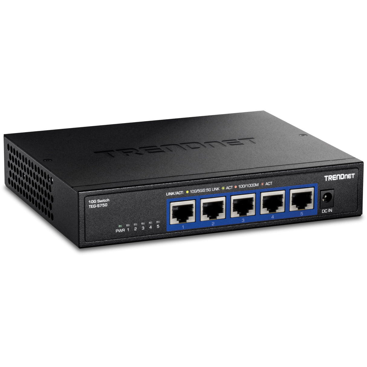 TRENDnet, TEG-S750, Conmutador de 5 Puertos 10G, 5 Puertos 10G RJ-45, Capacidad de conmutación de 100 Gbps, admite Conexiones 2.5G y 5G-Base-T, Negro