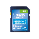 Integral de Tarjeta SD 1 TB UHS-II V60 con velocidades de lectura de hasta 260 MB/s y velocidades de escritura de 150 MB/s. Tarjeta de memoria de alta velocidad profesional SDXC