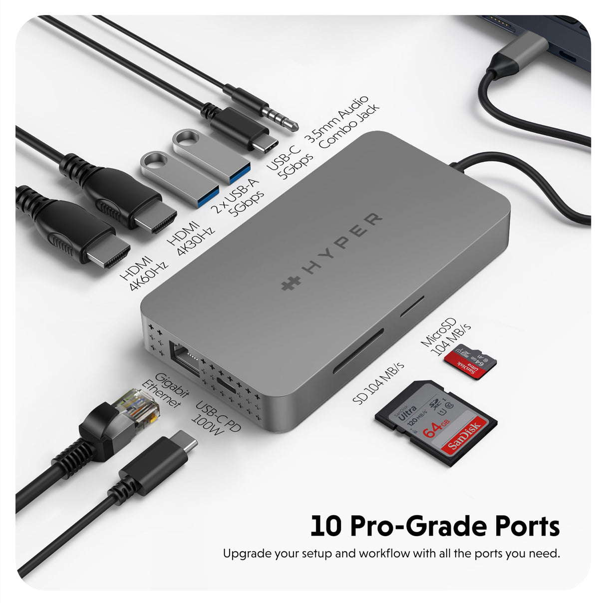 Hyper HDM1H-GL Hub USB-C HyperDrive Dual 4K HDMI 10 en 1 para MacBooks M1/M2 con 10 Puertos Esenciales - Plata
