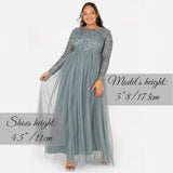 Maya Deluxe Vestido Maxi de Manga Larga Adornado Maya para Dama de Honor Formal, Verde Neblina, 48 para Mujer