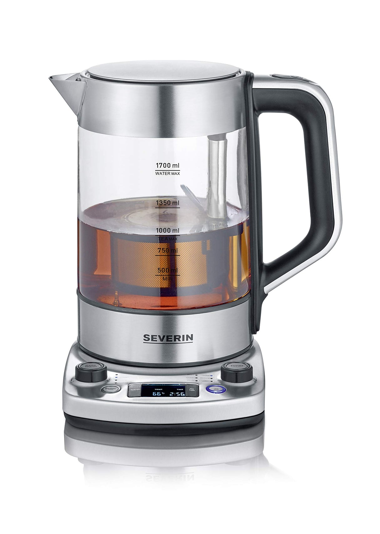 SEVERIN - Hervidor de té y agua de cristal con elevación automática, 1.7 L, 3000 W, Elemento calefactor oculto por placa de acero inoxidable, acero inoxidable y cristal, WK 3422