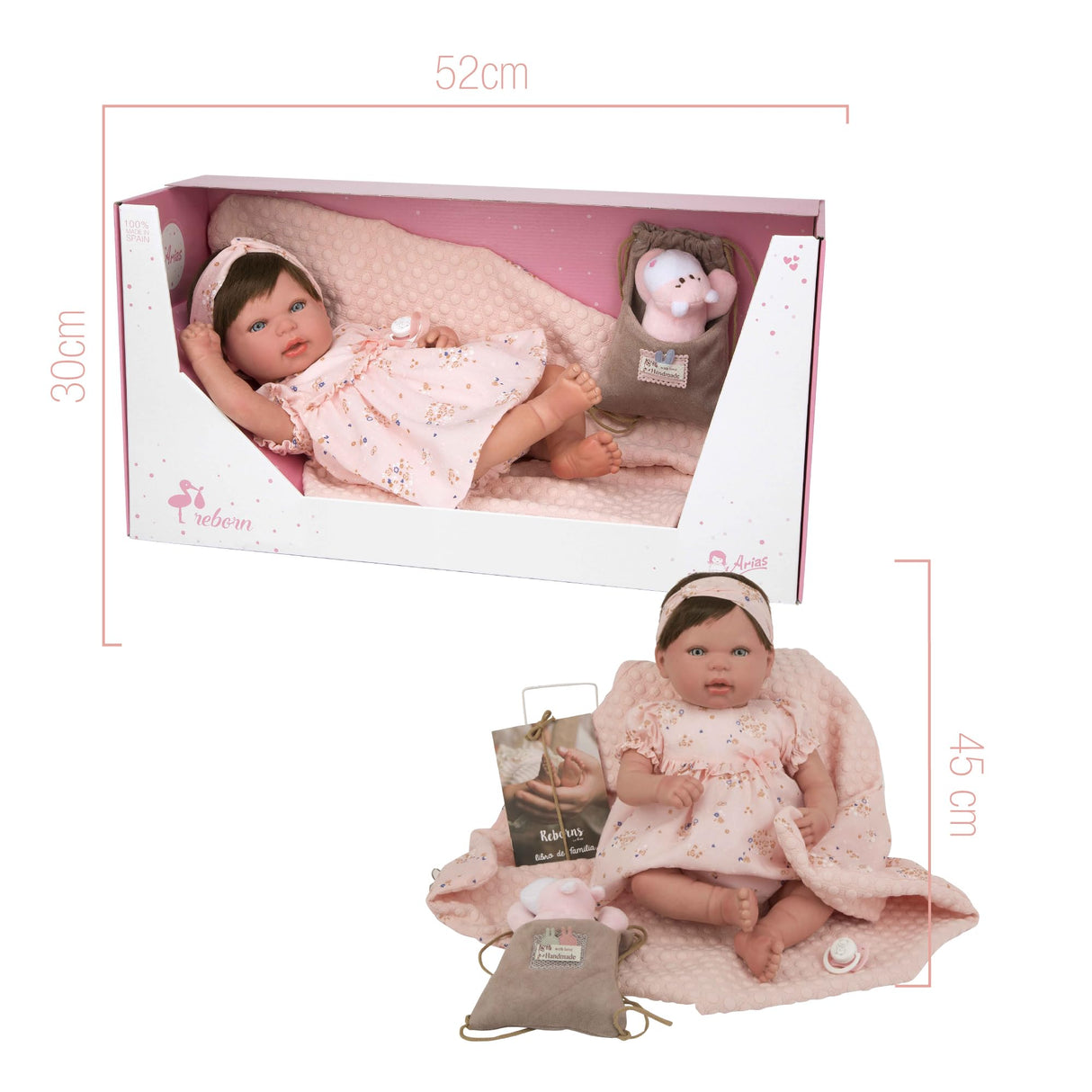 ARIAS - Muñeca Reborn Esther de 45 cm con Manta y Peluche, Bebé Realista con Ropita Rosa, Chupete y Chupetero, Extremidades de Vinyl y Cuerpo Blando, Juguete para Niños y Niñas +3 años (ARI98083)