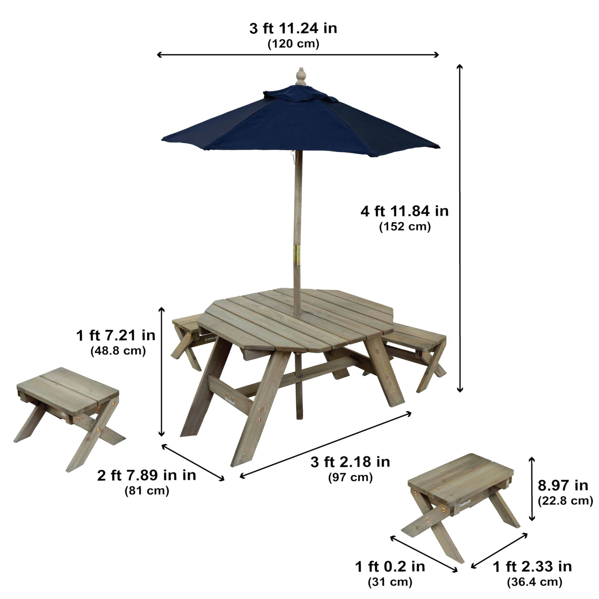 KidKraft Octagon Conjunto jardín de Mesa, taburetes y sombrilla de Madera para niños, Mesa y sillas jardín, Patio, terrazza, Muebles Exteriores al Aire Libre (20176), Exclusivo en Amazon