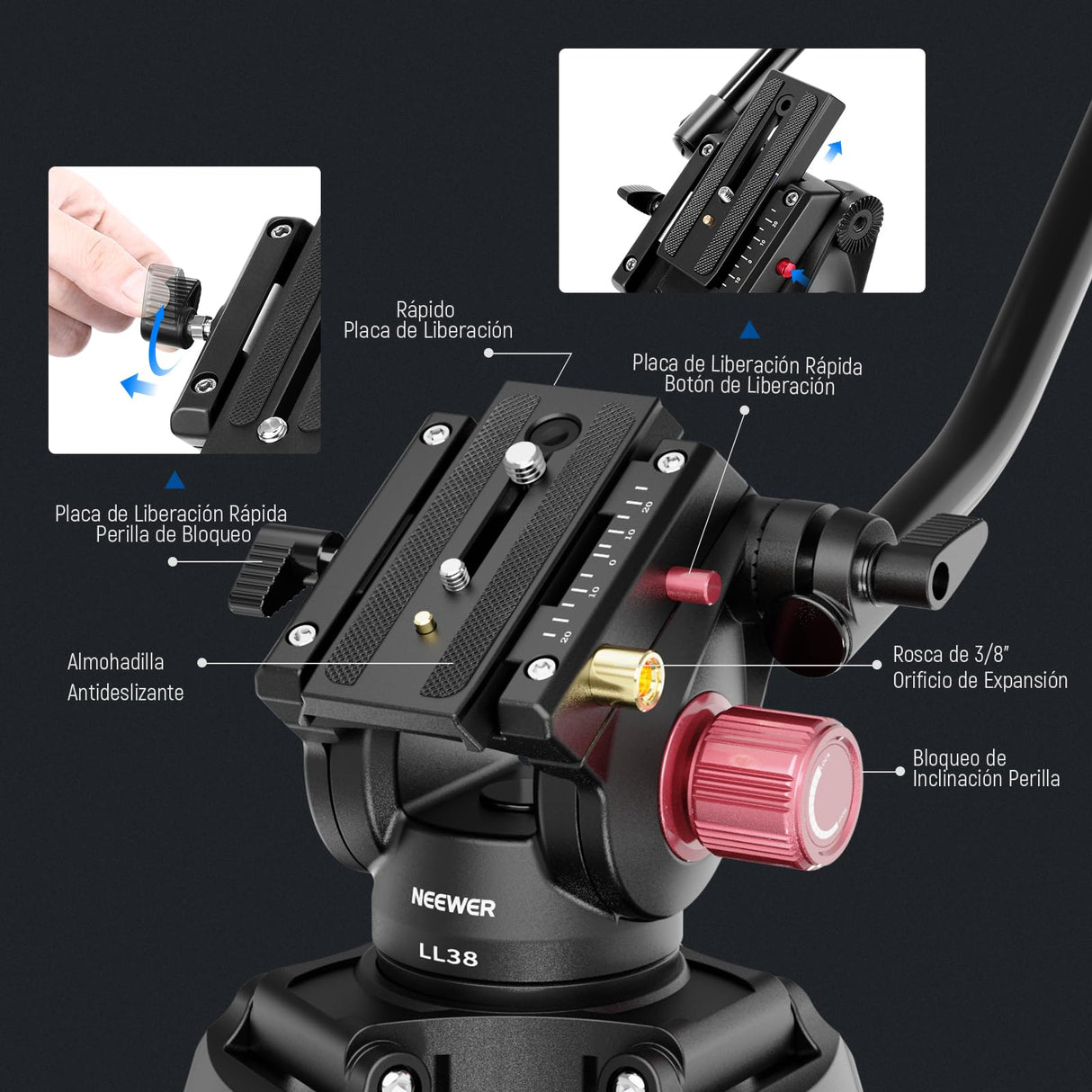 NEEWER 79"/2m Trípode Video Cámara con Cabezal Fluido, Soporte Trípode Resistente Aluminio Liberación Rápida con Placa QR Compatible con Canon Nikon Sony DSLR Videocámara, Carga MAX 17,6 LB, LL38