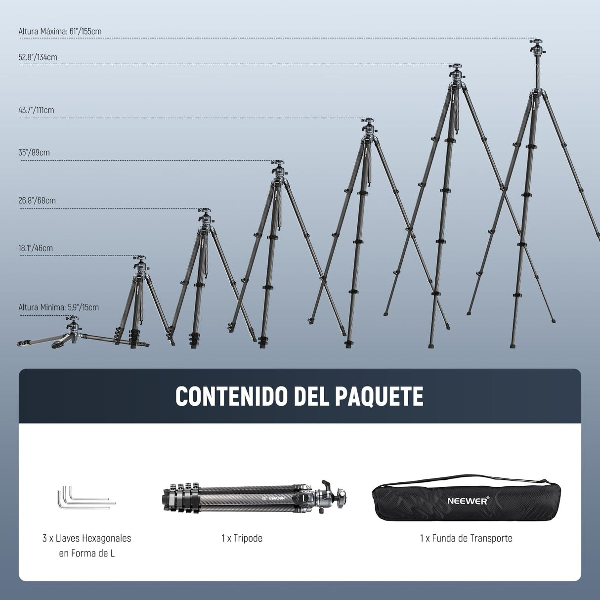 NEEWER LITETRIP LT38 - Trípode de viaje de fibra de carbono de 61 pulgadas para cámara, cabezal de bola de perfil bajo de inclinación panorámica de 360°, eje central flexible, placa QR Arca compatible