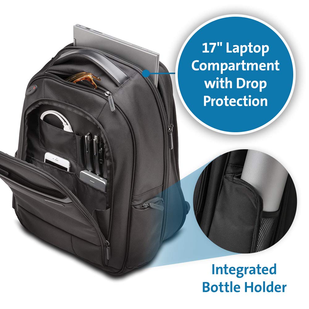 Kensington K60381EU - Mochila Contour 2.0 Pro para Portátiles 17", Diseño Ergonómico, Protección RFID, Compartimento Antirrobo, Resistente al Agua, Apta para Controles TSA, Correas Acolchadas, Negro