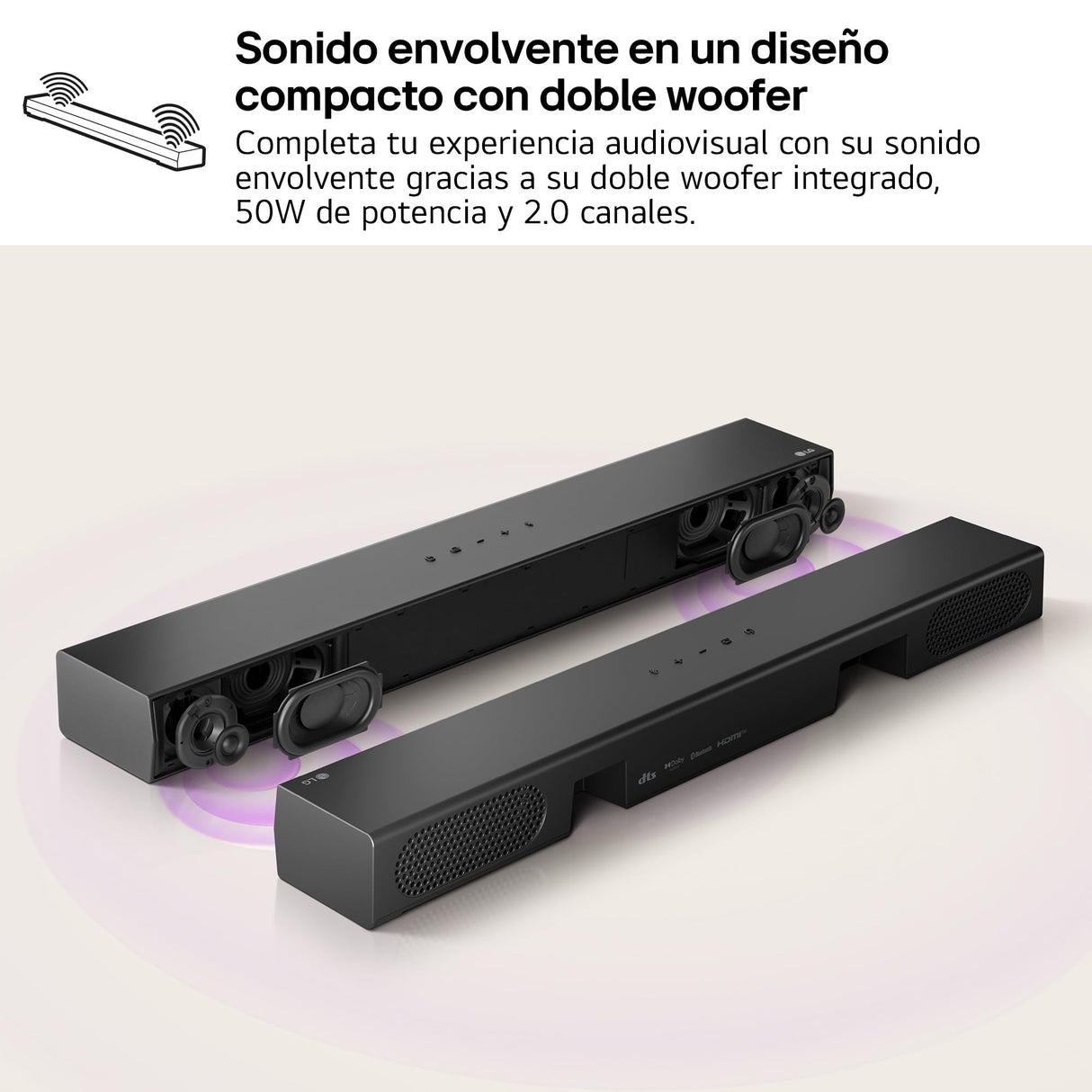 LG S20A - Barra de Sonido Inteligente, Bluetooth, 50W, 2.0 Canales, Compacta con Doble Woofer Integrado, Dolby Digital, DTS Digital Surround, Negro