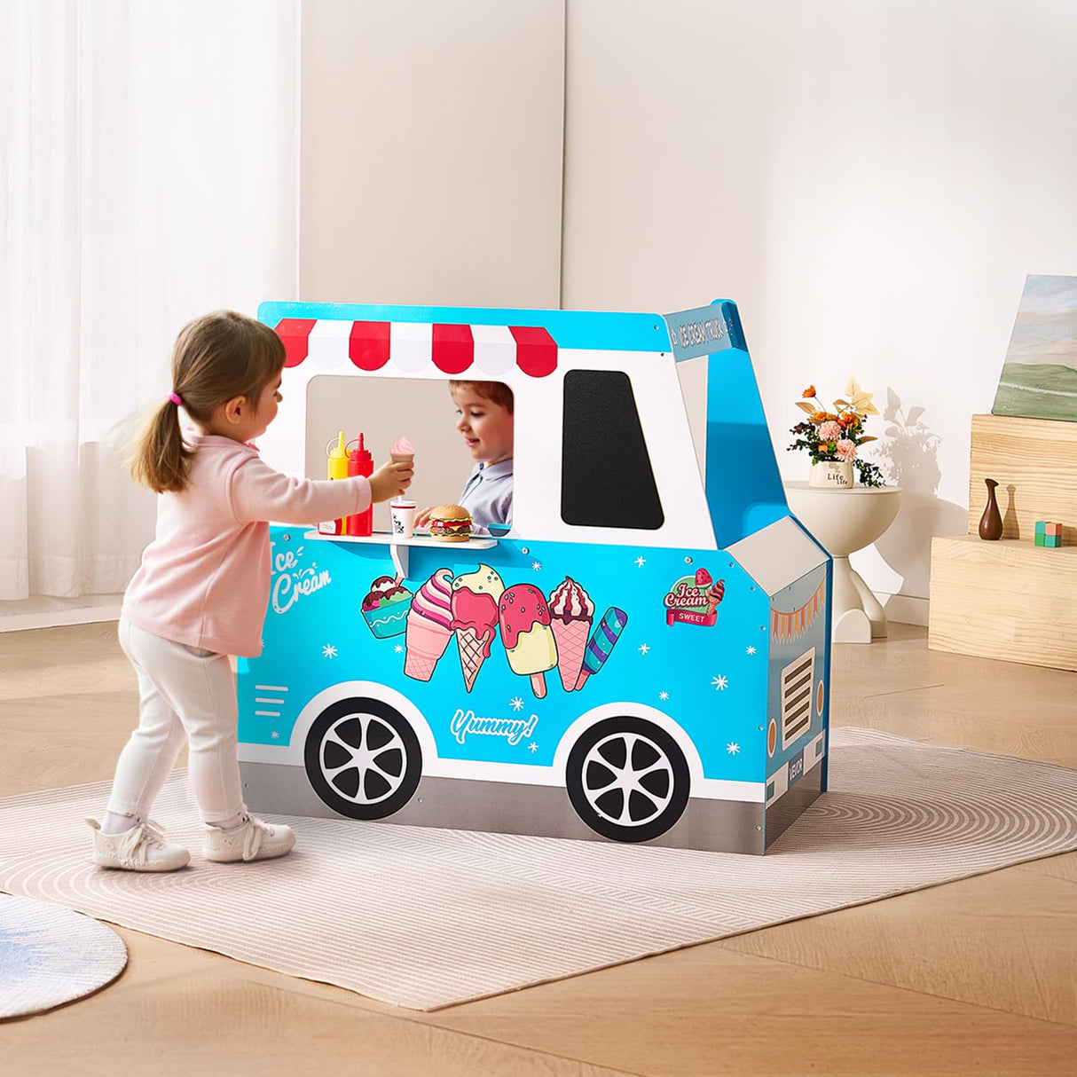 VEVOR Carrito de Helados para Niños, Juego de Madera de Más de 20 Piezas, con Volante y Pizarra, Escáner de Pago y Congelador, Grifo y Fregadero, para Niños de 3 a 7 Años, 1000 x 614 x 955 mm