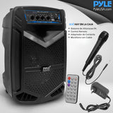 PYLE Sistema de Altavoces, PA, 400W, Bluetooth, portatil, Recargable, Exteriores, subwoofer de 8”, Tweeter de 1”, función de grabación, micrófono, Luces de Fiesta, Radio USB/SD, Color Negro