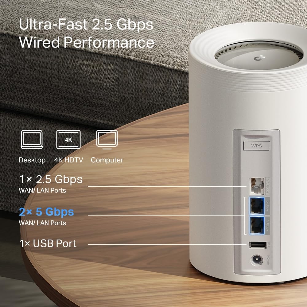 TP-Link WiFi 7 Deco BE65 Pro Mesh WiFi, BE 9300Mbps Tri-Band, Canales 320MHz, 2 Puertos 5Gbps, Puerto 2,5Gbps, Alexa, HomeShield, MLO, Funciona con Cualquier ISP y módem, 4 Antenas internas, 1pack