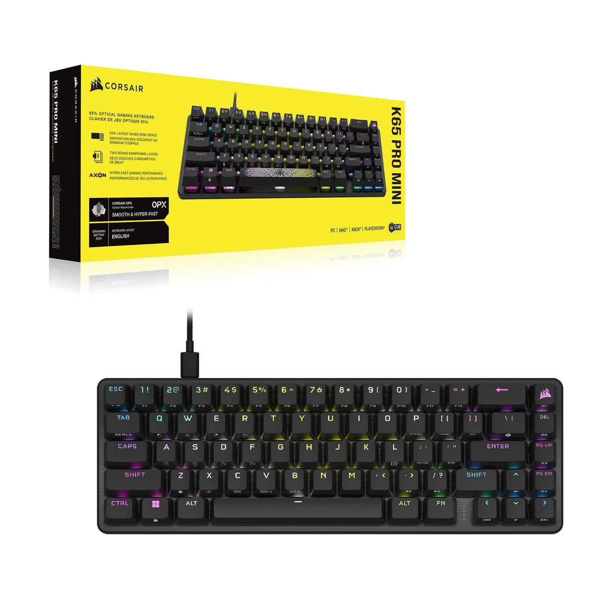 Corsair K65 PRO MINI RGB 65% Optical-Mechanical Wired Gaming Keyboard - Interruptores OPX - Teclados PBT Double-Shot - Compatible con iCUE - PC, PS5, PS4, Xbox - QWERTY ES - Negro