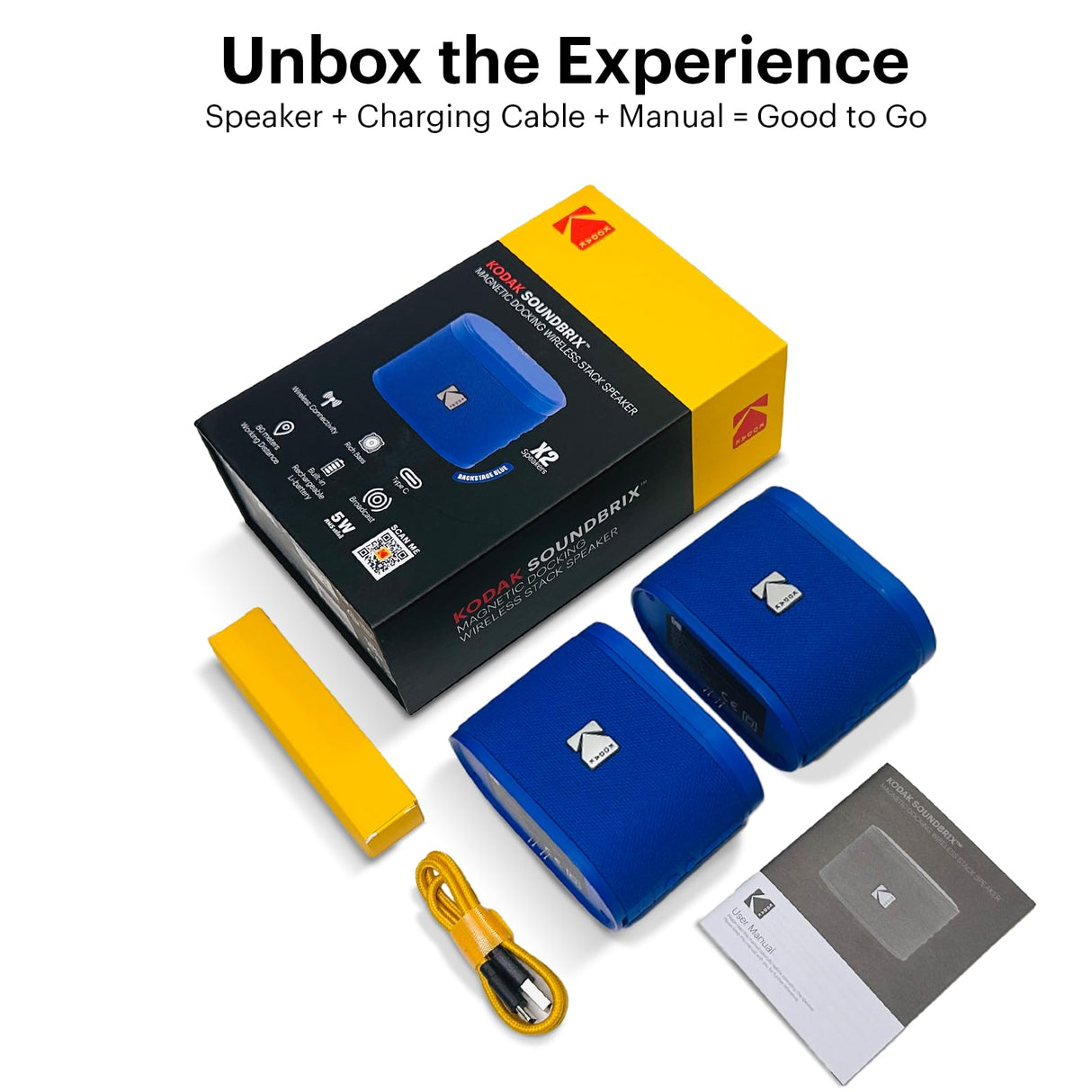 KODAK SOUNDBRIX - Lote de 2 Altavoces portátiles inalámbricos - Conexión de hasta 100 Altavoces - Dock magnético y Sonido Potente 5 W - 3 H de duración - Azul