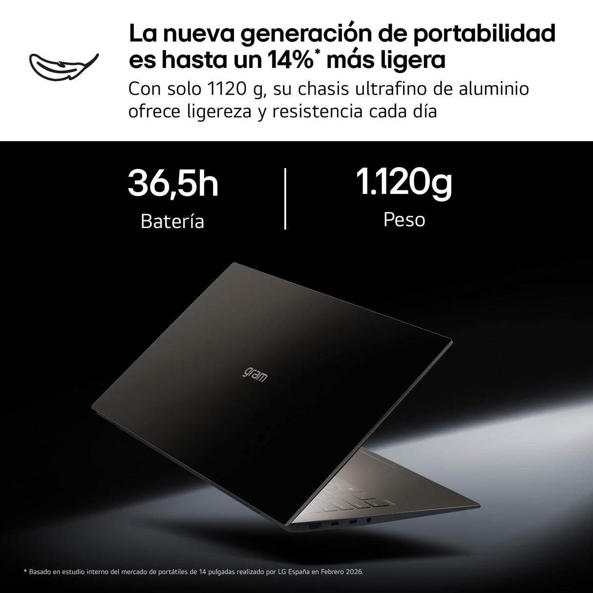 LG gram 14ZD90U-G.AX85BN - Ordenador Portátil Ultraligero de 14" Intel Core Ultra 7 355, 3 GB RAM, 512 GB SSD, Intel Graphics (4Xe), IPS Antirreflejo, 1120g, 36.5 h, FreeOS, Teclado ES, Negro