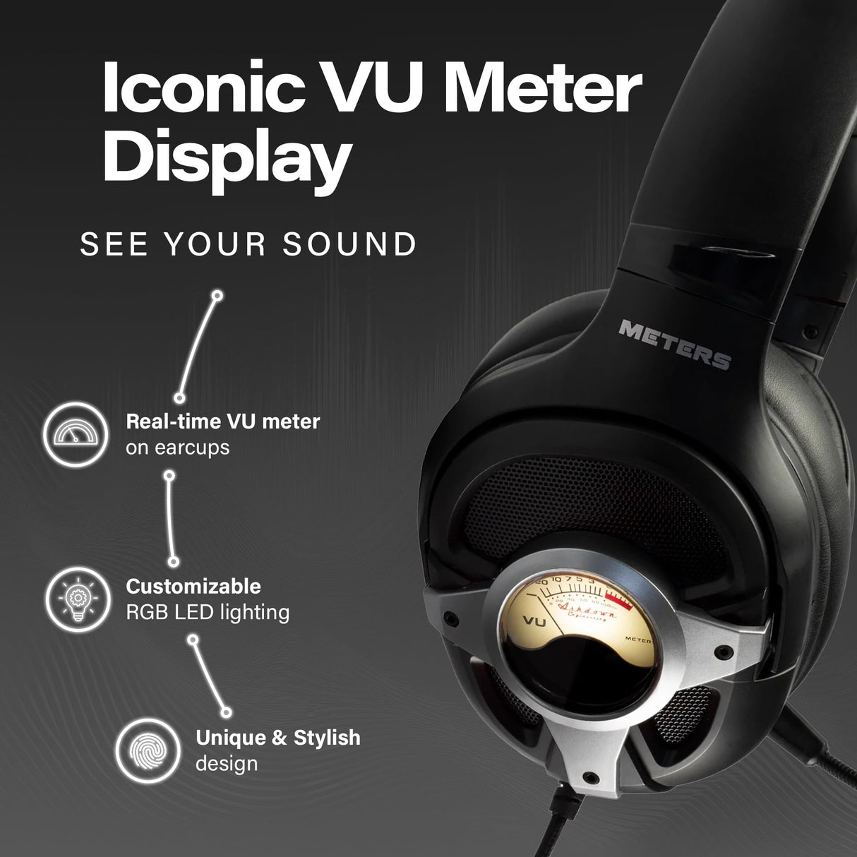 Meters M-Level-UP, Auriculares para Juegos, Sonido Envolvente 7.1, micrófono Desmontable, potentes Controladores de 50 mm, Control Remoto en línea, RGB Personalizado Brillante y VU único, Compatible