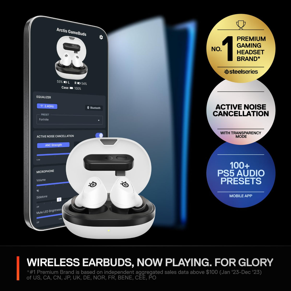 Steelseries Arctis GameBuds™ para Playstation - Auriculares inalámbricos para Juegos - 2,4 GHz + BT5.3 - Modo ANC/Transparencia - Resistencia al Agua IP55-40 Horas de autonomía -Carga inalámbrica