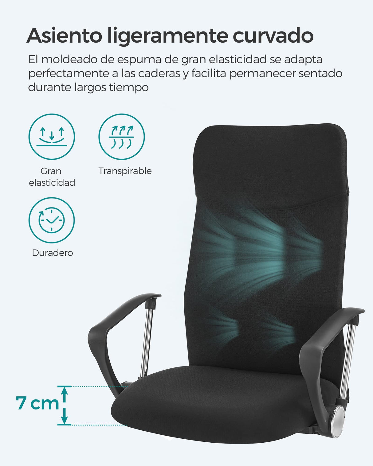 SONGMICS Silla de Oficina, Silla de Escritorio Ergonómica, Silla Giratoria, Asiento Tapizado, Ajustable en Altura e Inclinable, Carga de 120 kg, Negro Tinta OBN034B01
