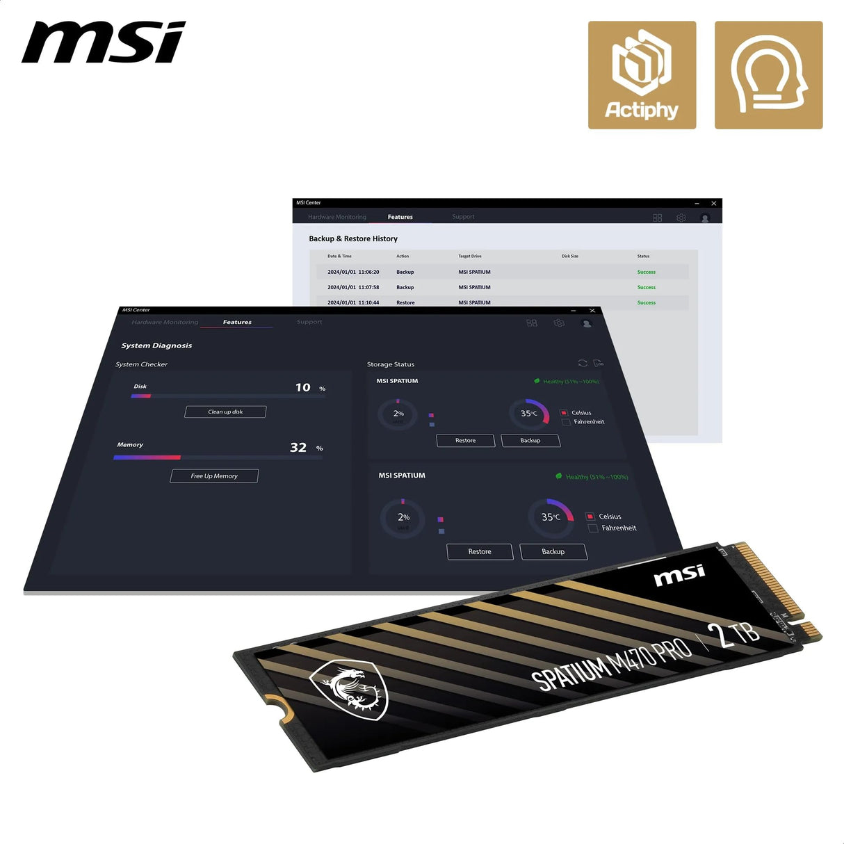 MSI SPATIUM M470 Pro SSD 2TB - PCIe 4.0 NVMe M.2 Unidad de Estado sólido Interna, 6000MB/s de Lectura y 5000MB/s de Escritura, 3D NAND, Seguridad de Datos integrada, Center - 5 años de garantía