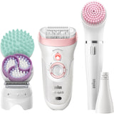 Braun Silk-épil 9 Kit Depiladora Eléctrica Mujer, 9-995 Deluxe 9 en 1, Depilación inalámbrica en seco y húmedo, Depiladora, afeitadora, exfoliante, kit de limpieza facial y corporal, blanco/rosa