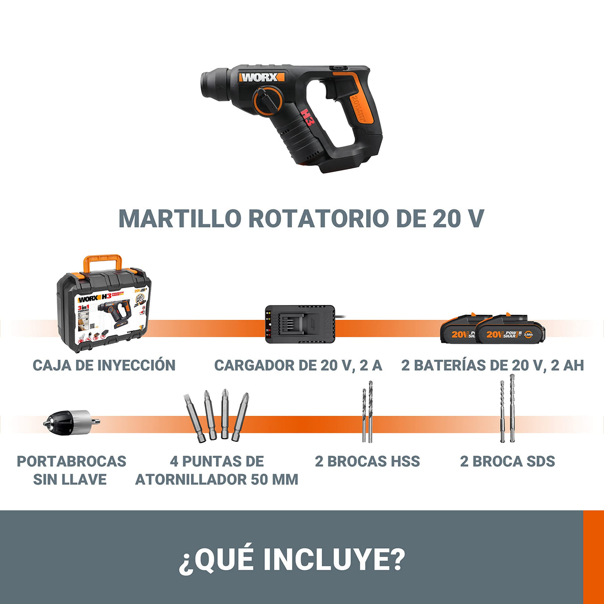 WORX WX394.6 H3 | Martillo sds-plus 20V | Función de taladro | Incluye 2 baterías de 2Ah, cargador y maletín | 3 Funciones | Ligero y compacto | Ideal para taladros en el techo