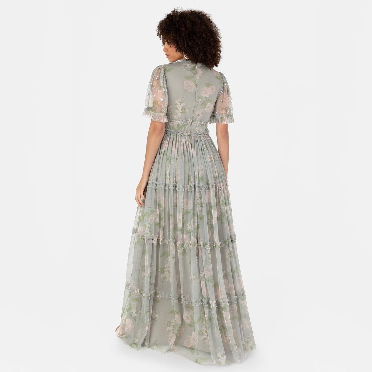 Anaya with Love Women's Maxi Dress Ladies V-Neck Short Angel Sleeves Tiered Ruffle For Bridesmaid Wedding Guest Occasion Prom Ball Gown Vestido, Floral Sage Green, 44 para Mujer