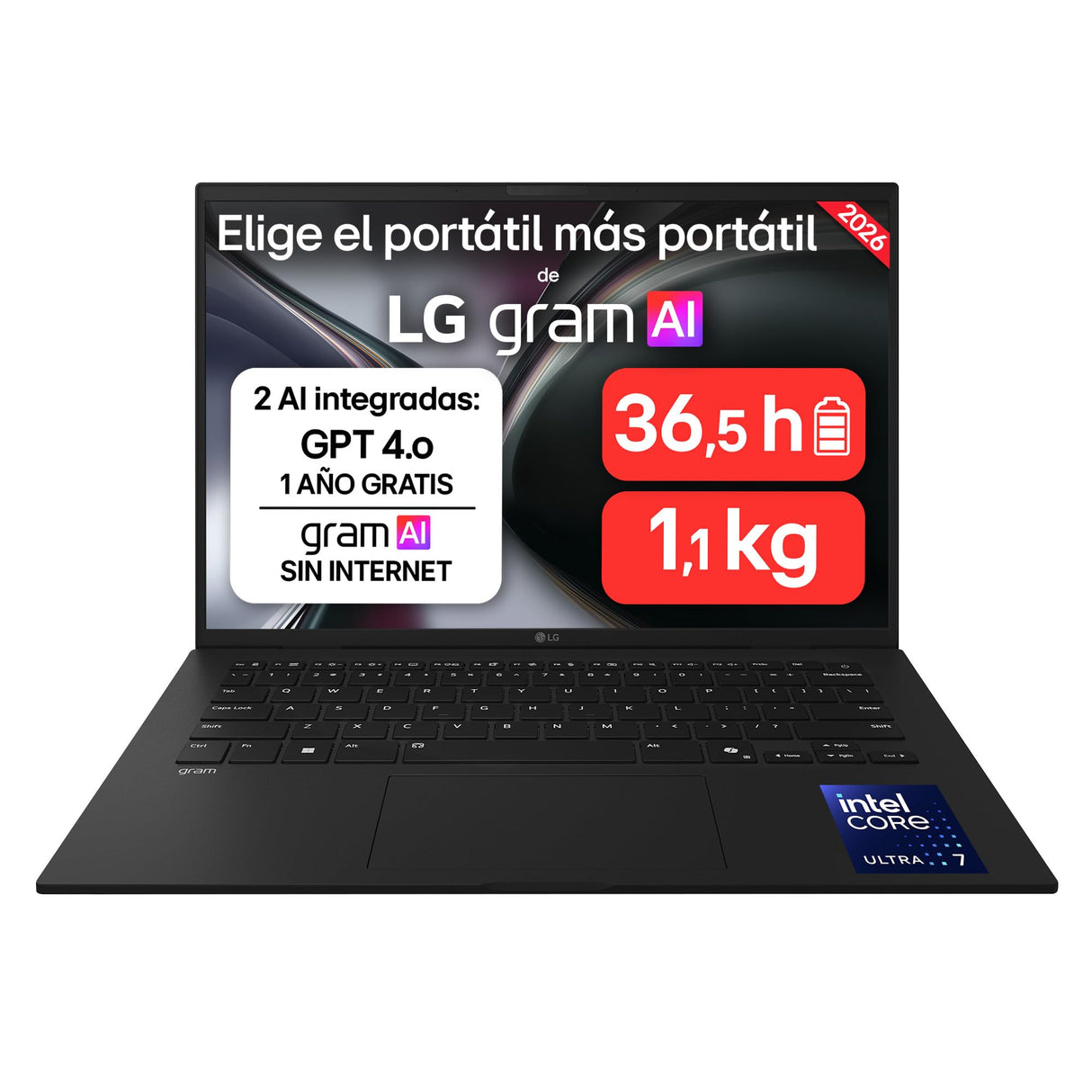 LG gram 14ZD90U-G.AX85BN - Ordenador Portátil Ultraligero de 14" Intel Core Ultra 7 355, 3 GB RAM, 512 GB SSD, Intel Graphics (4Xe), IPS Antirreflejo, 1120g, 36.5 h, FreeOS, Teclado ES, Negro