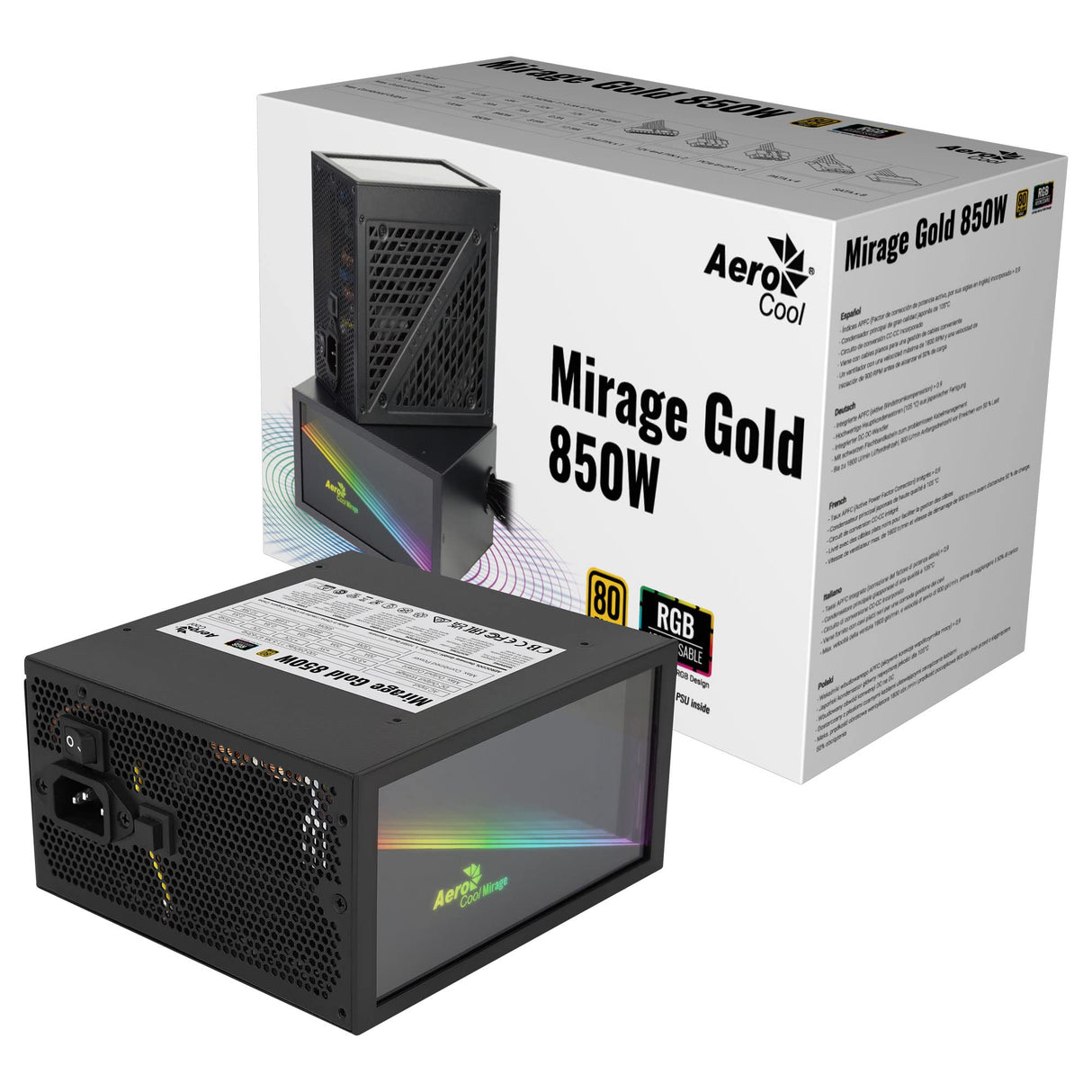 Aerocool MIRAGEGOLD850, Fuente Alimentación PC 850W, RGB Infinity Mirror, 80Plus Gold, Condensadores Japoneses